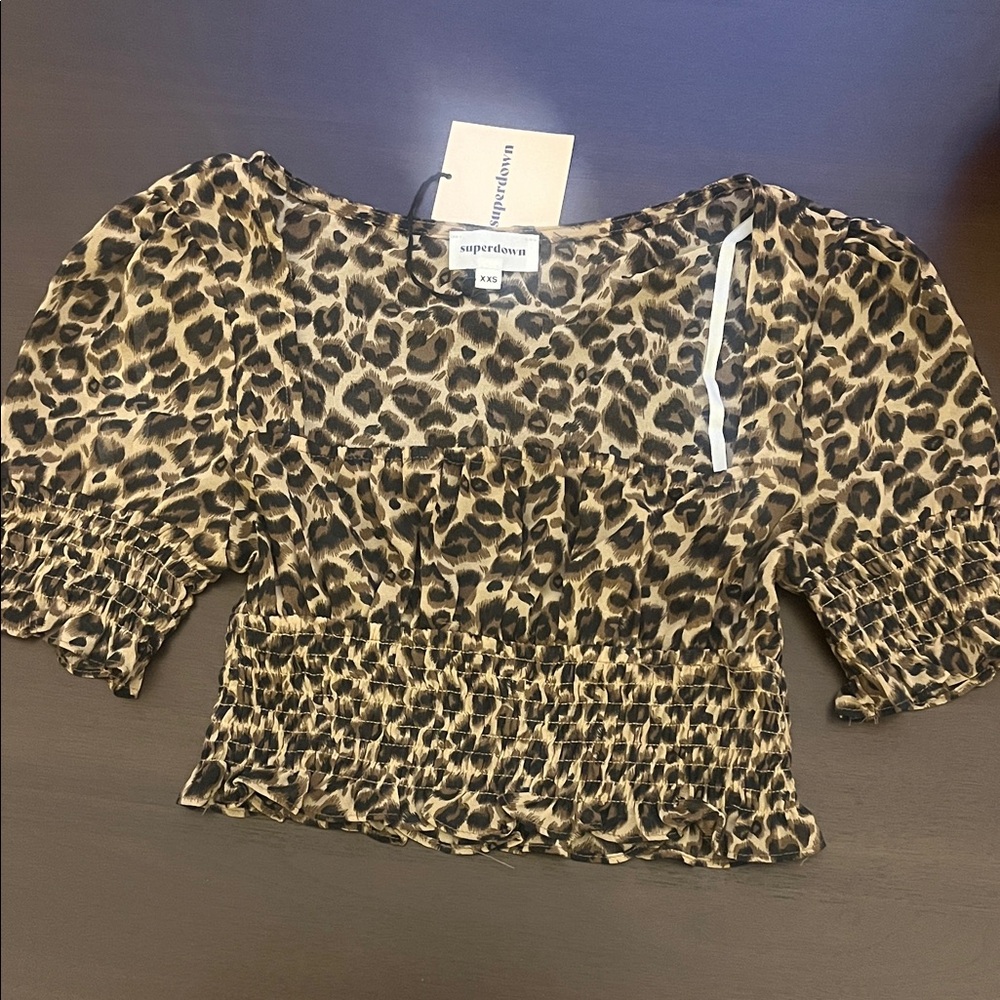 Superdown Animal Print Smocked Blouse